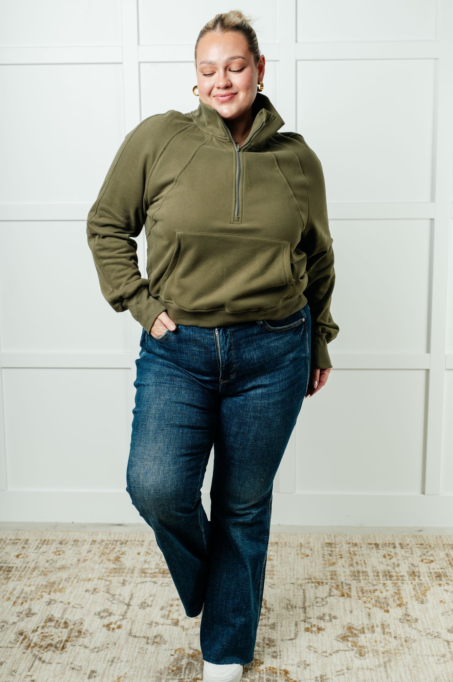 Plus size model full body view in Sara Half Zip Pullover in Green