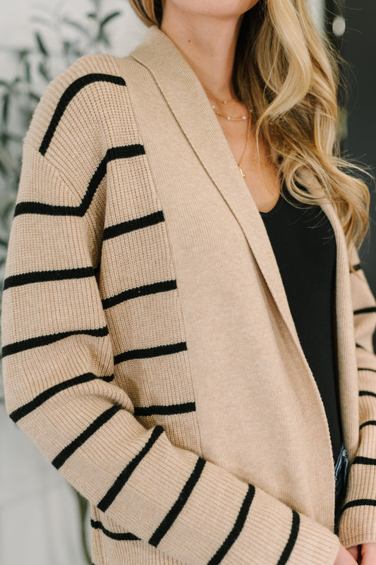 Close-up of Keziah Striped Cardigan showing soft knit texture and black stripe detail.