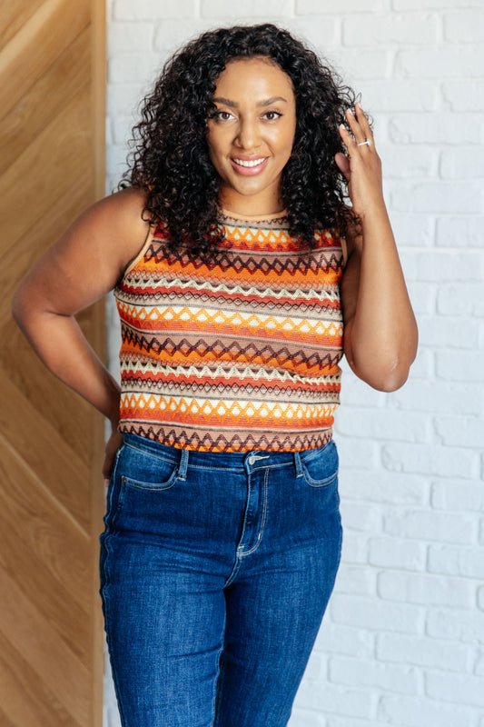 Plus size Ulani knit tank with a vibrant geometric print, featuring a comfortable high-stretch material.