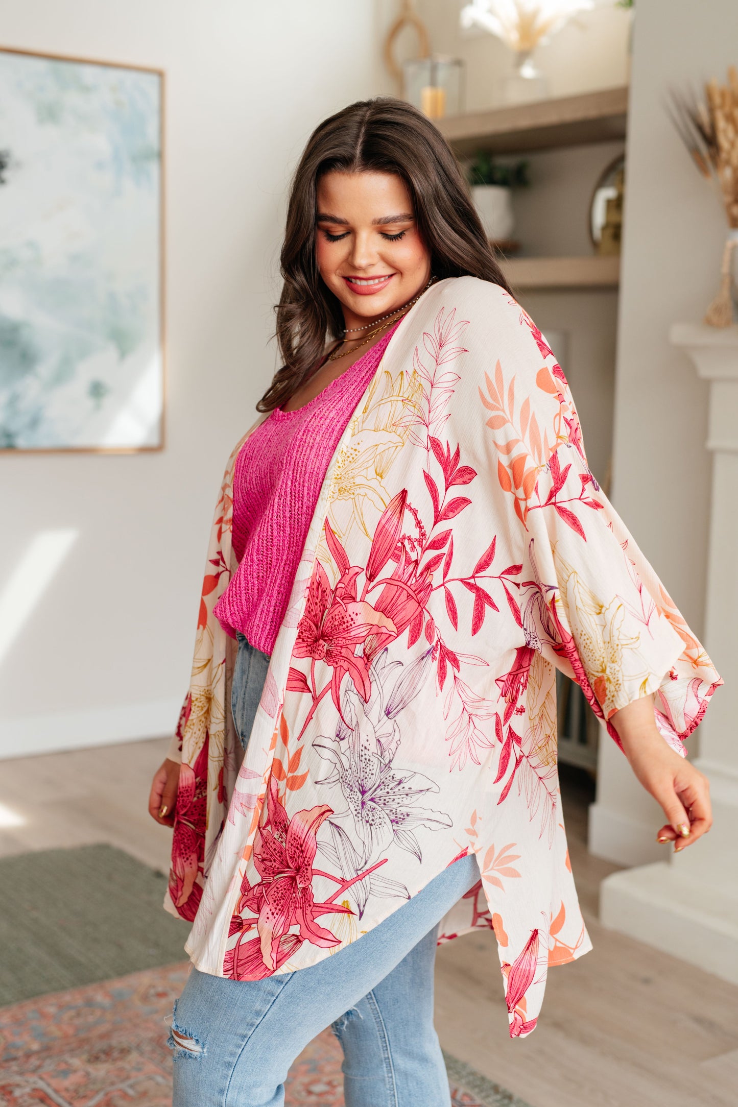 Plus size model side view of Mei Bell Sleeve Kimono with bell sleeves and side slit detail