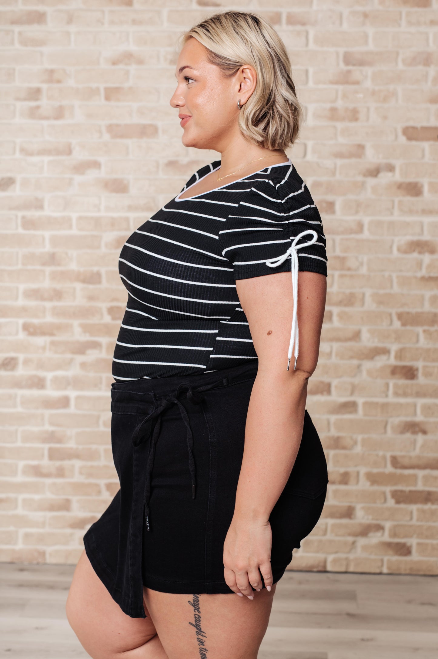 Sylvia Striped Ribbed Knit Top - Black, Round Neckline, Adjustable Sleeves