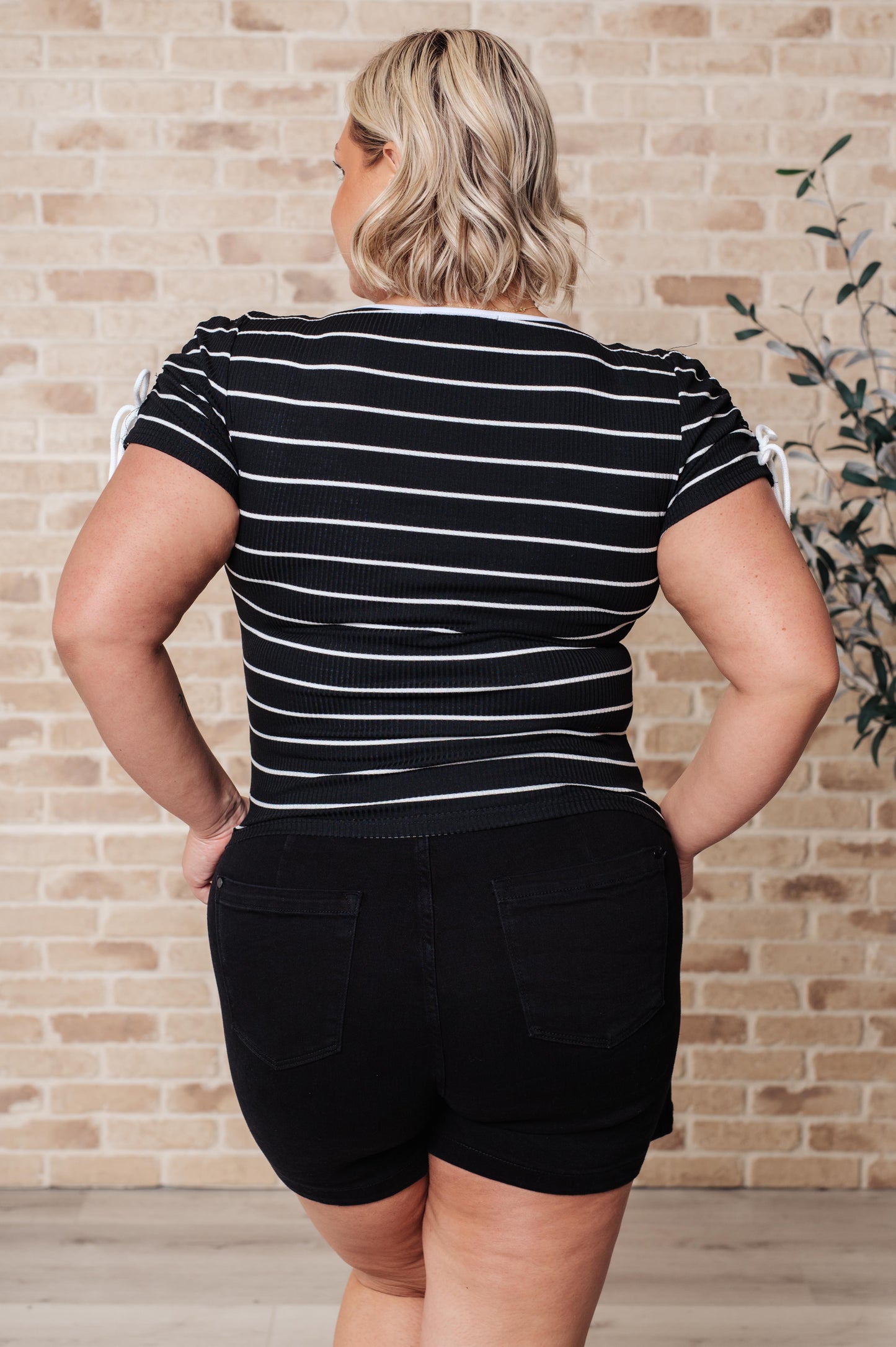 Sylvia Striped Ribbed Knit Top - Black, Round Neckline, Adjustable Sleeves