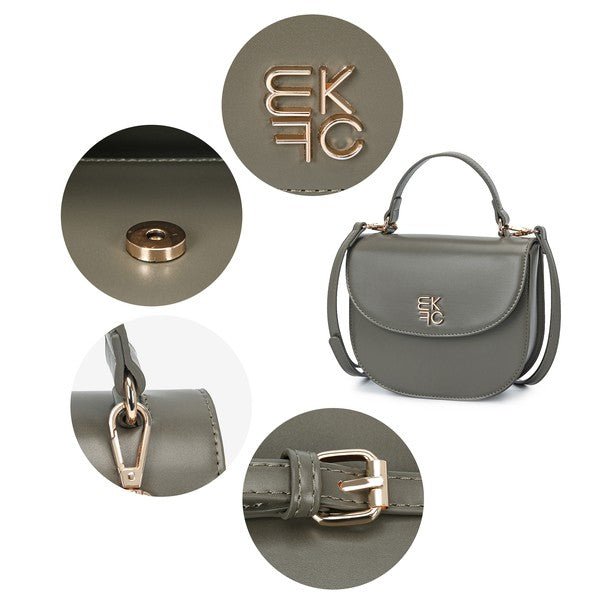 Collage of Heloise Crossbody close-ups: gold hardware, smooth vegan leather, and stitching details.