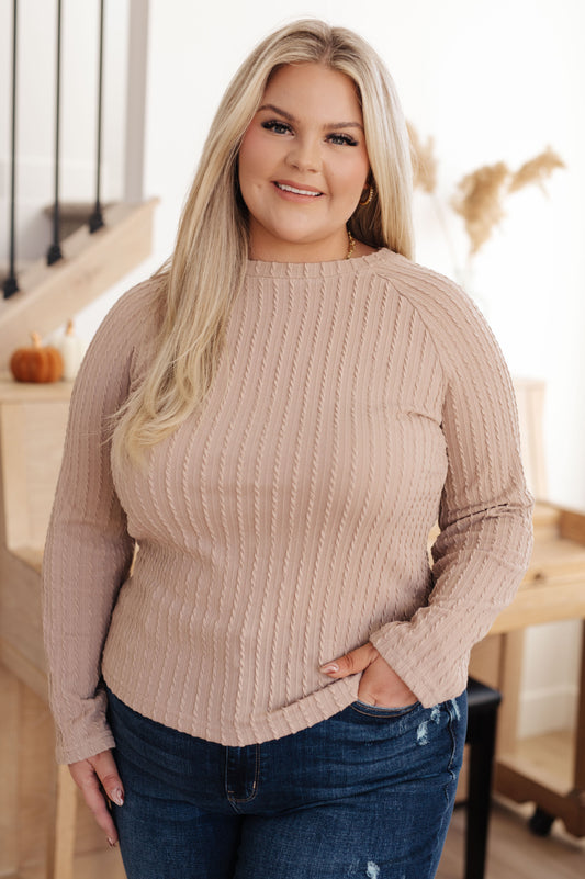 Plus size model in Marlo Cable Detail Top, beige textured knit with round neckline and subtle cable details