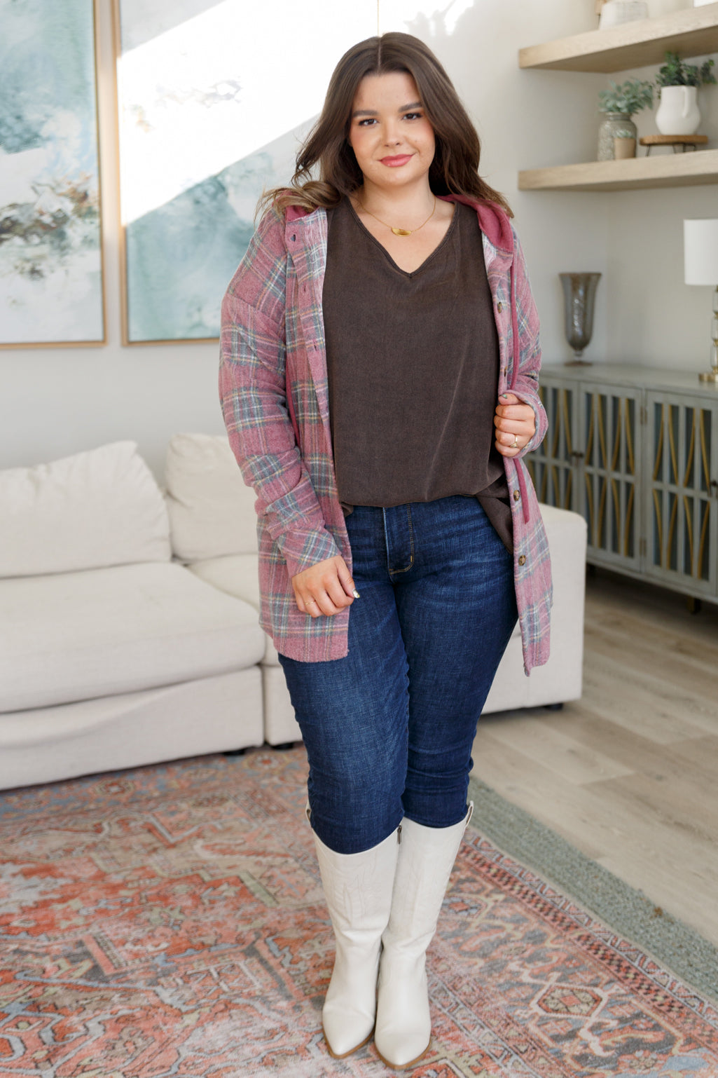 Women's Hooded Shacket in mauve plaid, featuring brushed plaid hacci fabric, hooded neckline, patch pocket, button front closure, and functional drawstring for a secure fit.