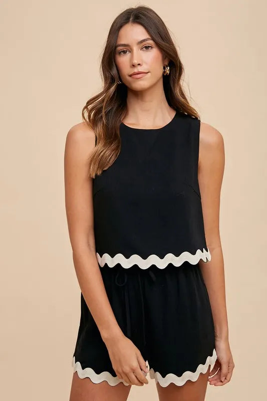 Chic Black Linen Blend Ric Rac Trim Matching Set – Sleeveless Top and Casual Shorts for Women.
