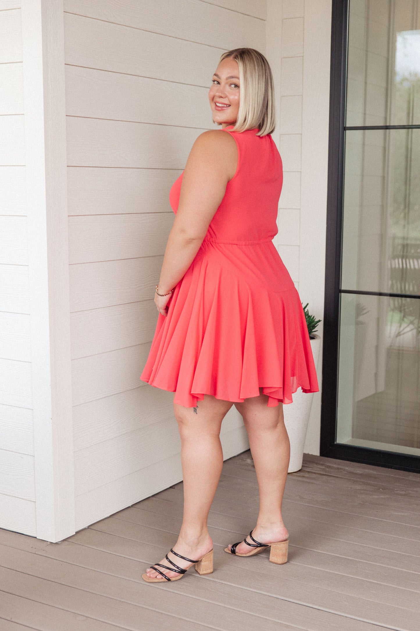 Lorna V-Neck Mini Dress - Coral, Ruffle Skirt, Drawstring Waist