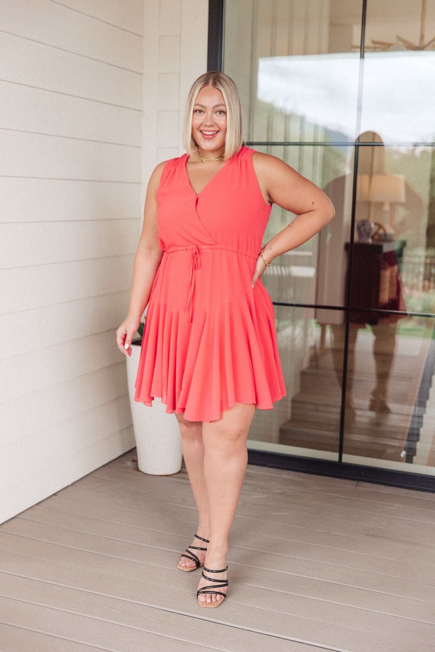 Lorna V-Neck Mini Dress - Coral, Ruffle Skirt, Drawstring Waist