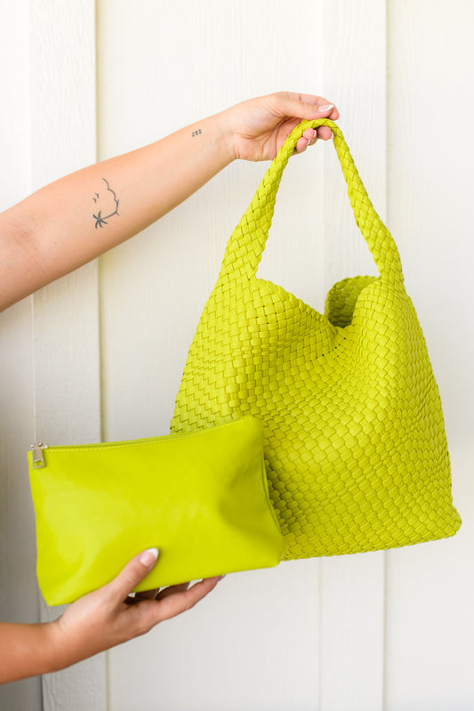 Vara Woven Tote with matching citron vegan leather clutch, basket weave pattern.