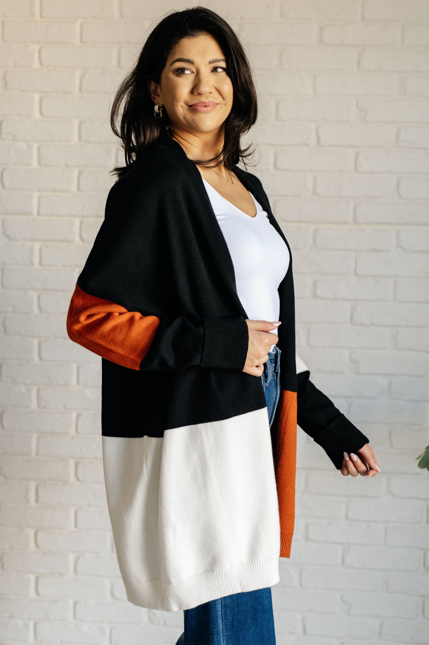 Model side view Jackie color block open front cardigan