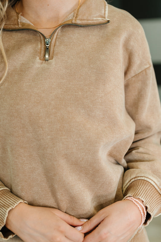 Close-up of silver zip and fleece texture on Sutton Half Zip Pullover
