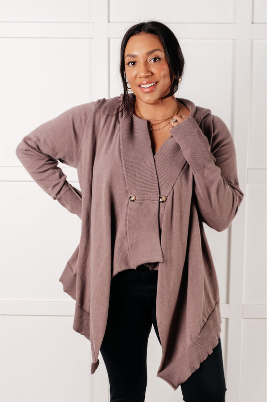 Plus size front view of mocha Lucy Hooded Cardigan with exposed seams and ribbed knit details