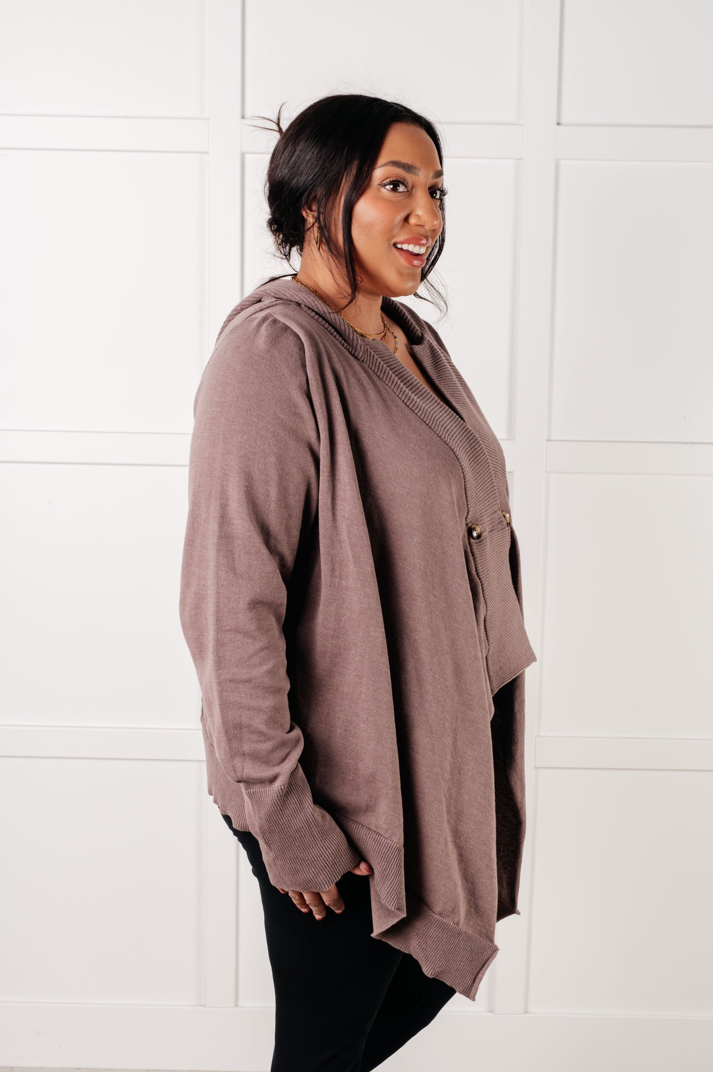Plus size side view of mocha Lucy Hooded Cardigan showing relaxed fit, hood, and waterfall hem