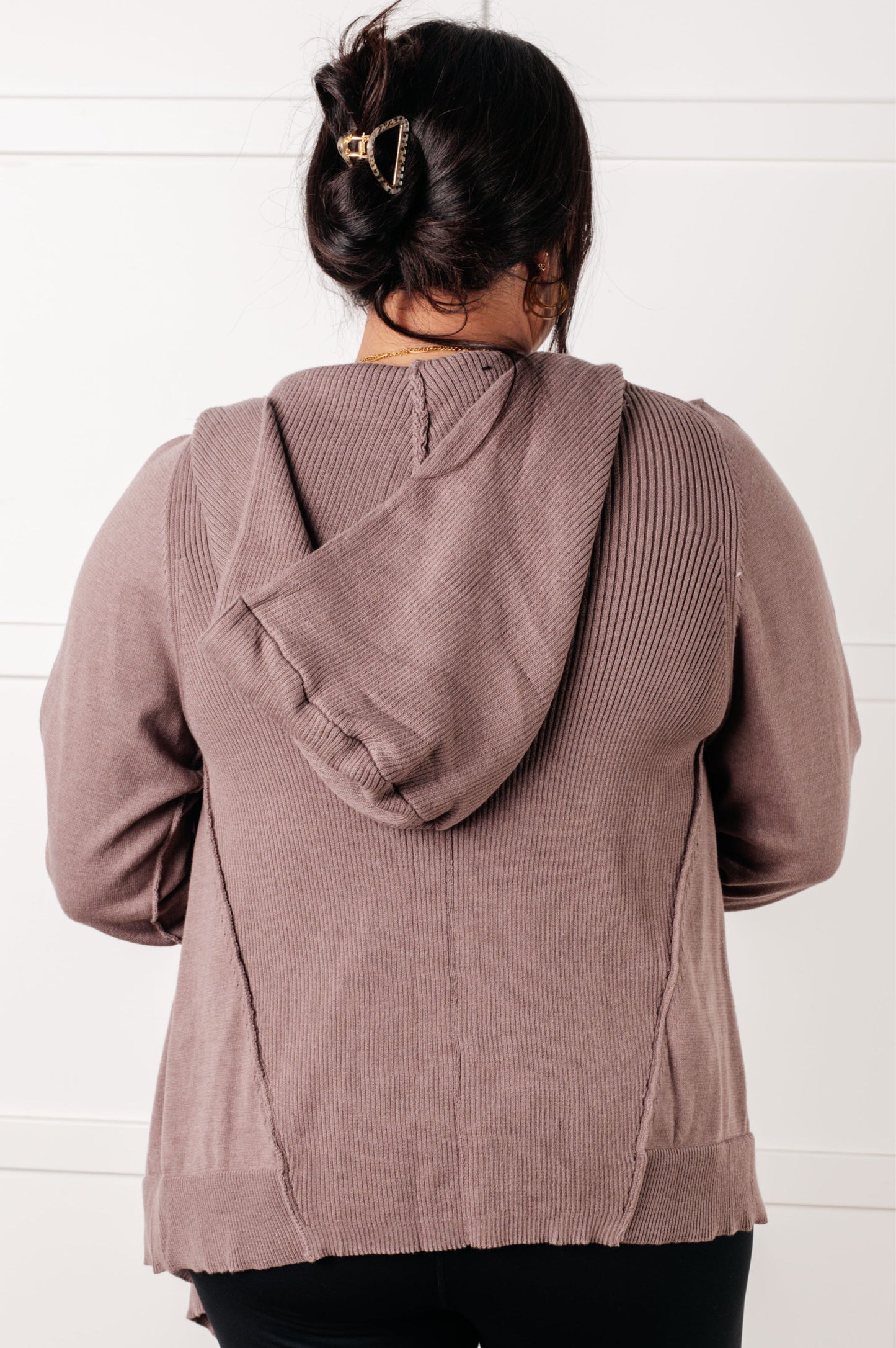 Plus size back view of mocha Lucy Hooded Cardigan with hooded collar and exposed seam details