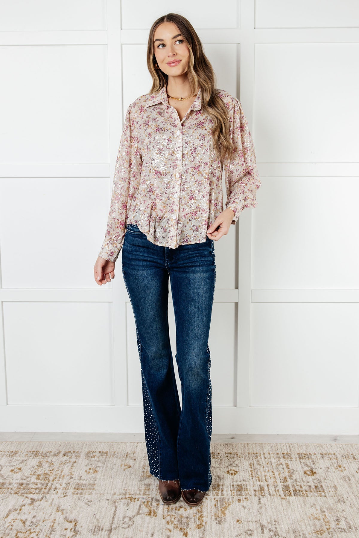 Full body view of Teigan Floral Button Up Blouse showing collared neckline, button closure, and floral chiffon fabric.