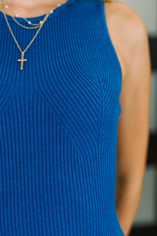 Atticus Sweater Knit Midi Dress, front view close-up showing sleeveless design and ribbed fabric.