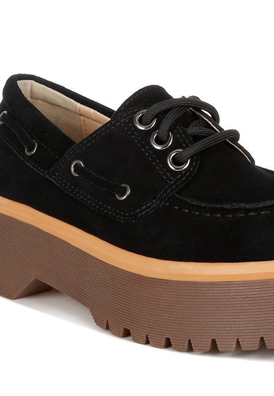 Black Cuckatoos Suede Loafers close-up, moccasin seam with chunky block heel.