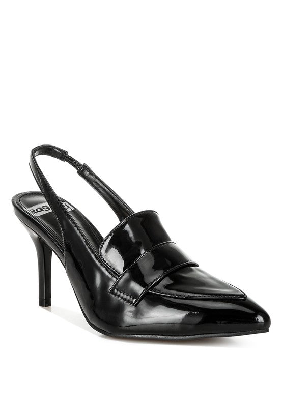 Front angle of Black Voisin Slingback Loafer Heels with vamp strap detail and patent finish.