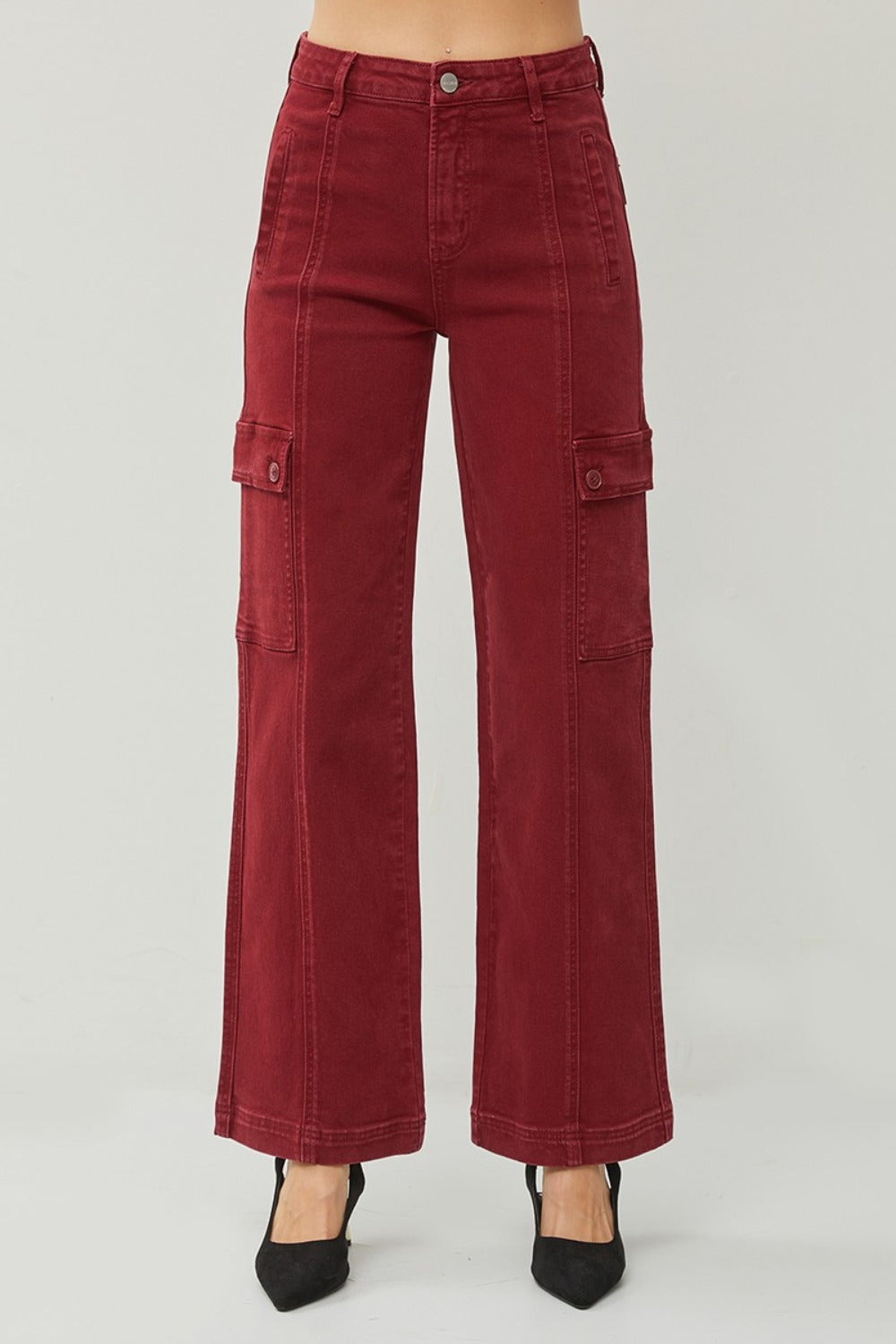 Front view of Rafaela wine wide leg cargo jeans with high rise fit and relaxed wide leg cut.