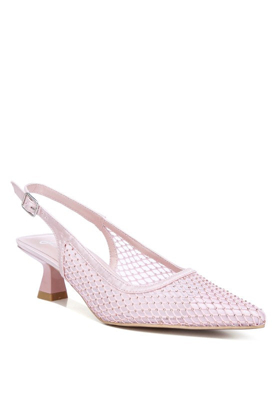 Pink rhinestone slingback mules with pointed toe and kitten heel.
