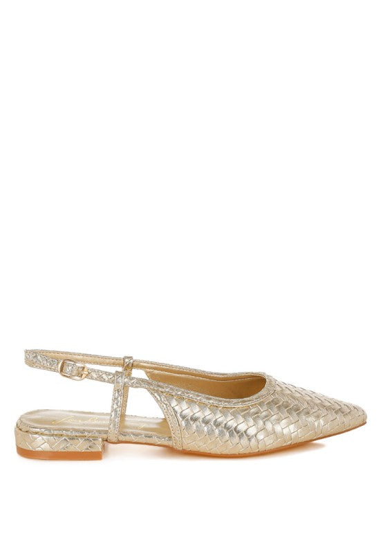 Side view of Kurina gold metallic slingback sandal with low block heel and pointed toe – stylish woven faux leather design