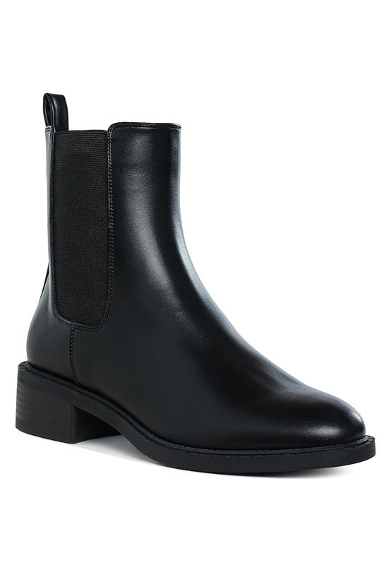 Front angle of Tripoli Stacked Heel Chelsea Boots in vegan leather with elastic gussets and round toe.