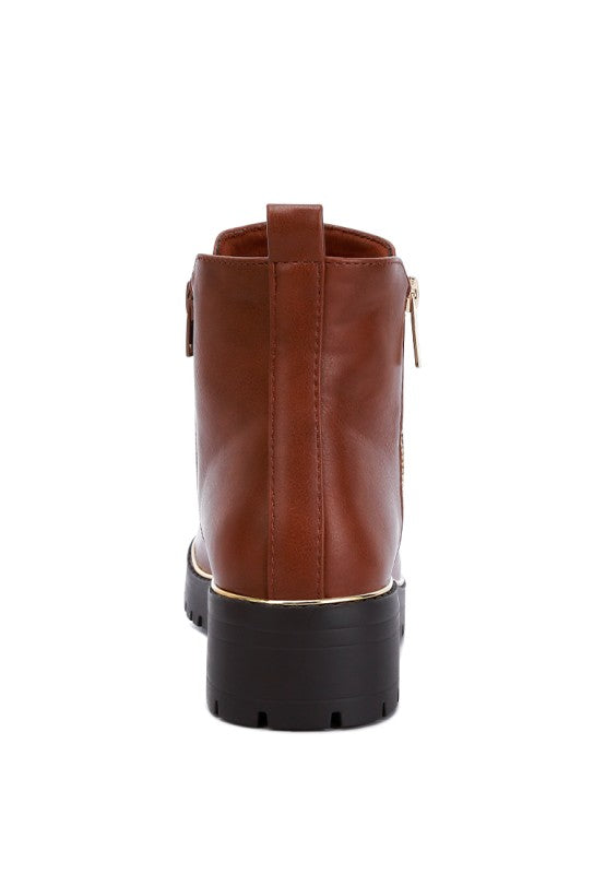 Back view of Tan Thorin Block Heel Boots in faux leather with pull tab and sturdy block heel.