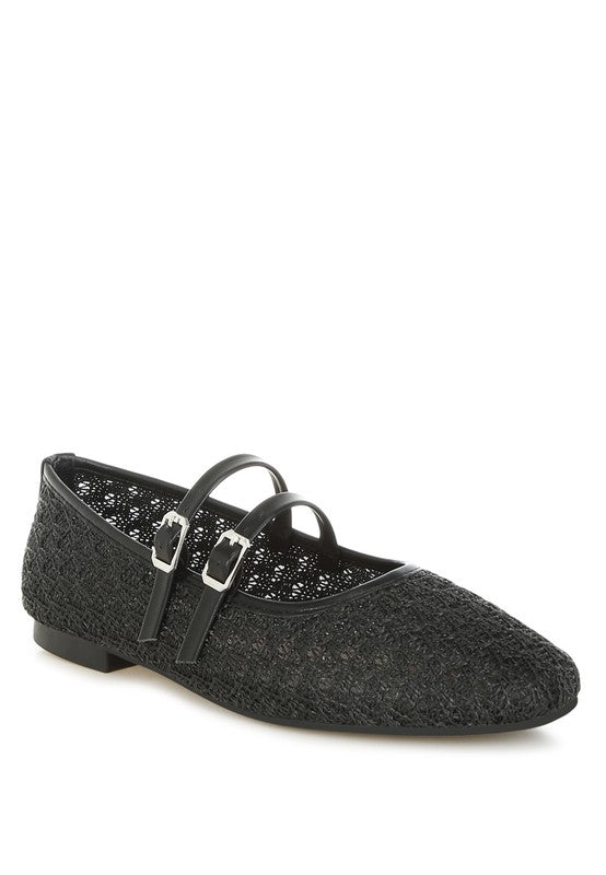 Front angle of Warena Pin Buckle Ballerinas in black, raffia and faux leather design with square toe