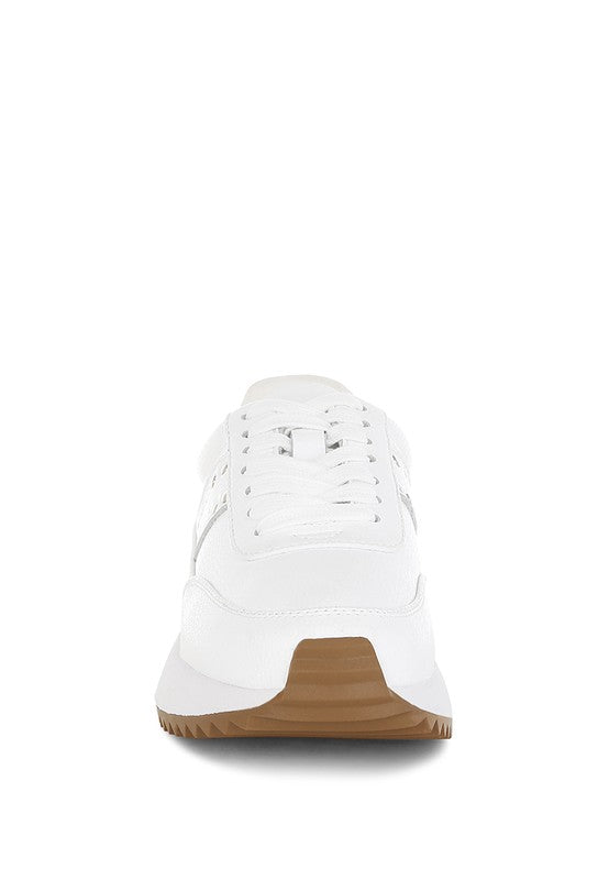 Front view of white Athion Studded Leather Sneakers with stud embellishments