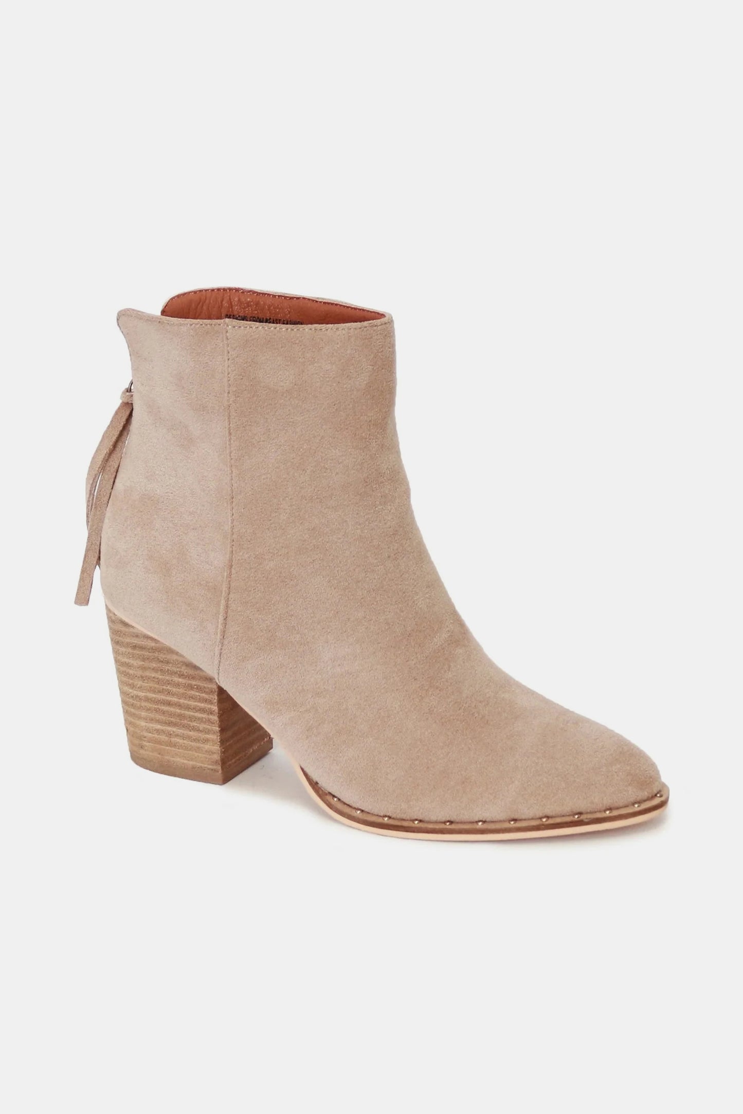Angled view of Callia taupe suede point toe ankle booties, featuring smooth suede finish and modern silhouette.