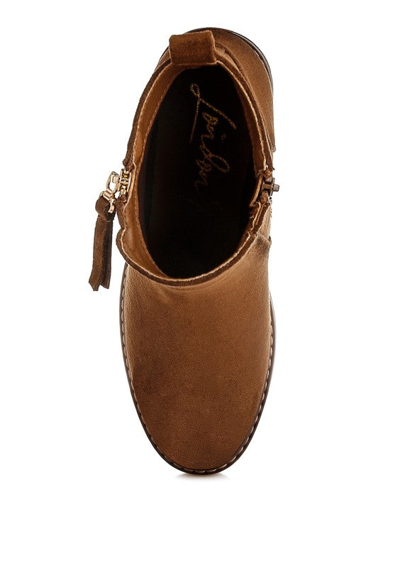 Top view of Brown Tigris Microfiber Zipper Boots highlighting round toe and zipper detail.