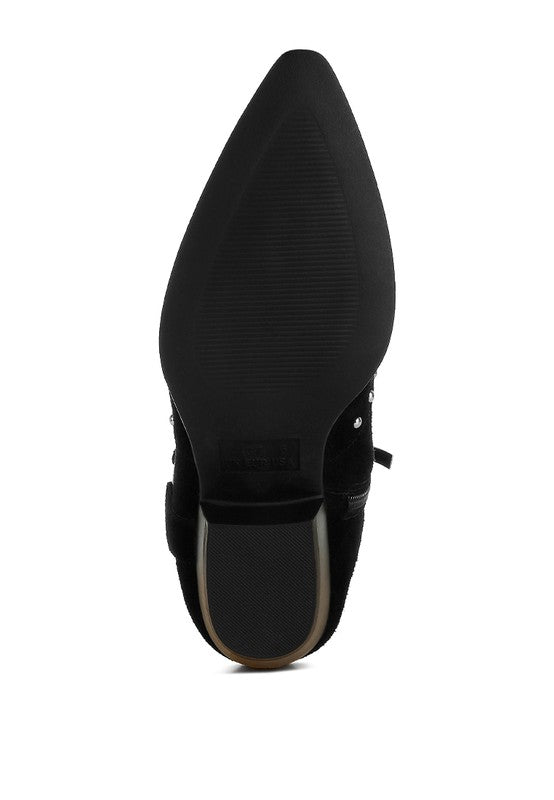 Rodeo Studded Suede Ankle Boots Black bottom sole view with textured tread for grip