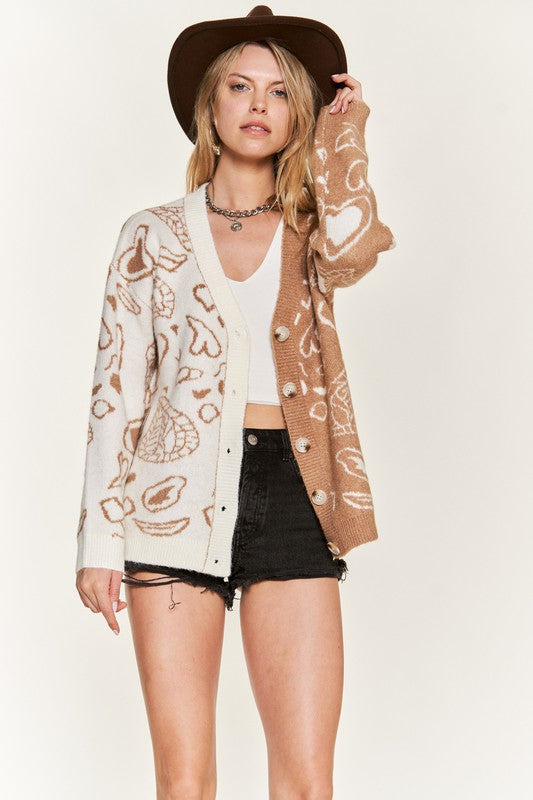 Taupe Dafni Heart Paisley Cardigan front view with button-down detail, model wearing shorts.
