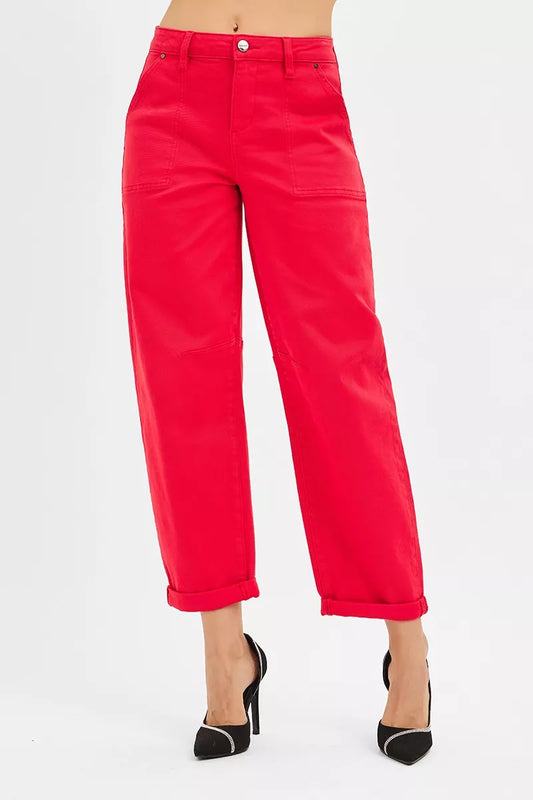 Kimia High Rise Barrel Pants in scarlet featuring high waist and cuffed ankle detail.