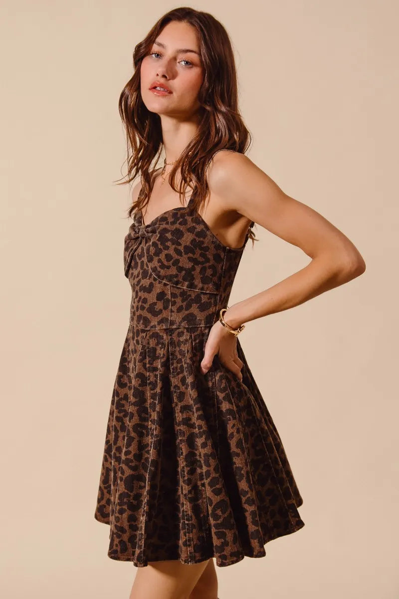 Roxanne Leopard Flare Cami Dress with curved silhouette, bold leopard print, and flared hem.