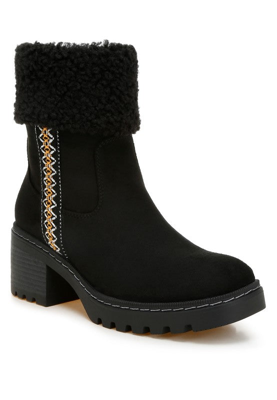 Front angle of Black Woolly Faux Fur Embroidered Boots with cozy fur collar and block heel.
