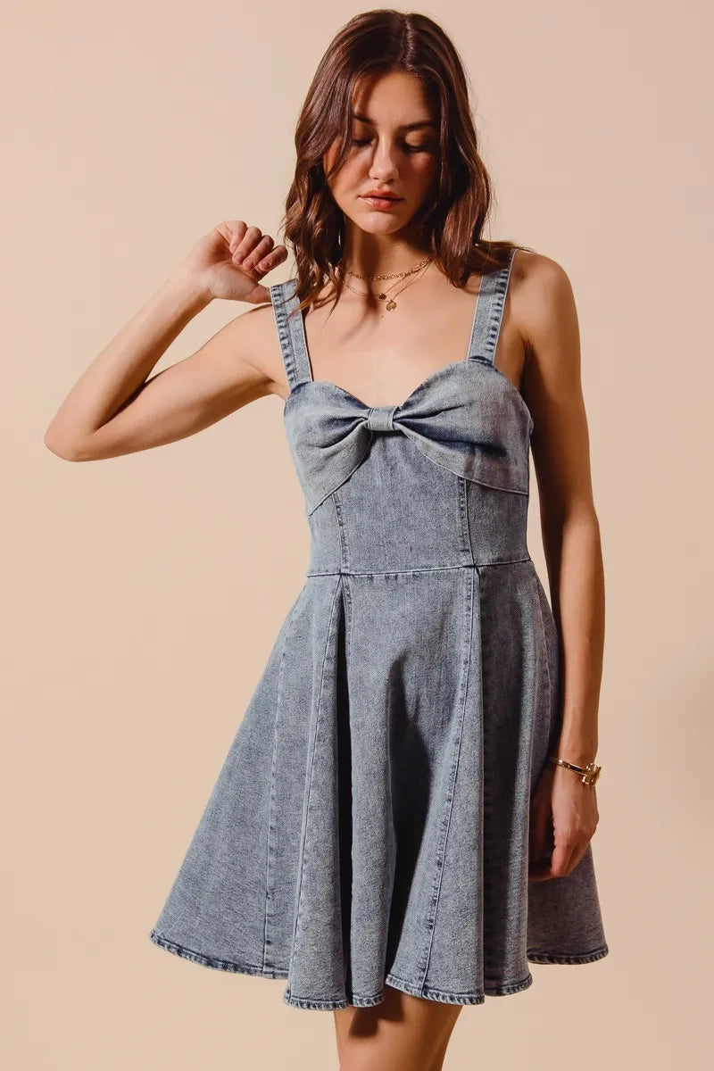 Model facing forward in the Cassidy Mini Dress, highlighting the vintage-style mineral wash and fitted bodice.