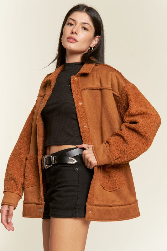 View of camel Galina faux suede sherpa jacket, highlighting plush accents.