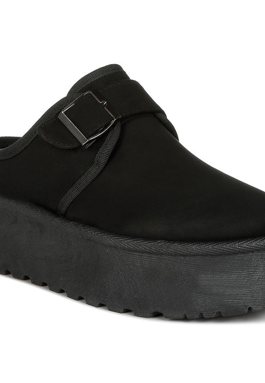 Mayfield Buckle Strap Fur Slip-Ons black close-up showing buckle strap
