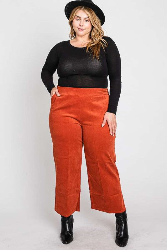 Lulu Plus Size Ribbed Velvet Pants Rust variant, wide leg cropped fit
