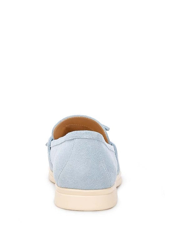 Nautica baby blue suede loafers back angle with stitching detail.