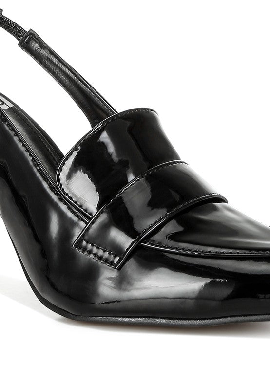Close-up of Black Voisin Slingback Loafer Heels highlighting patent shine and pointed toe.