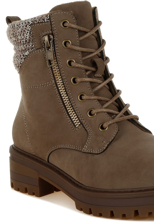 Close-up of Taupe Mahisha Hiker Boots showing microfiber texture, lace-up front, and zipper detail.