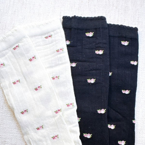 Close-up of Vintage Floral Socks showing intricate floral knit details.