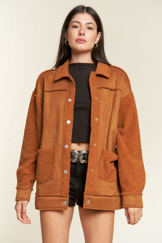 Camel Galina faux suede sherpa jacket front view, collared neckline, oversized fit.