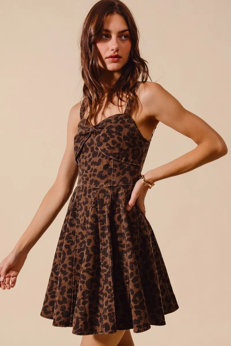 Roxanne Leopard Flare Cami Dress with fitted bodice and flared mini skirt in leopard print.