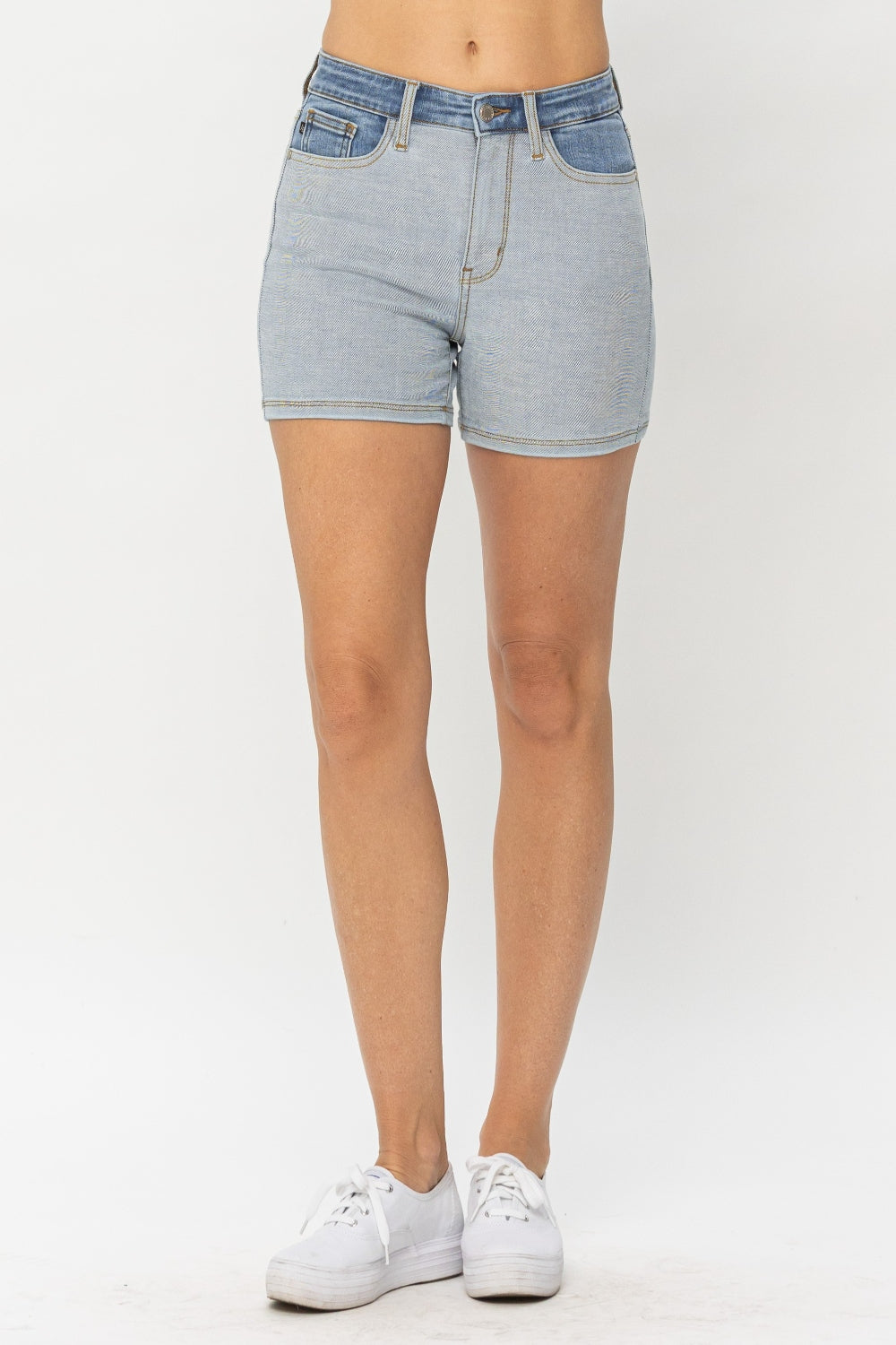 Front view of Zara Color Block Denim Shorts by Judy Blue in light and dark wash with pockets.