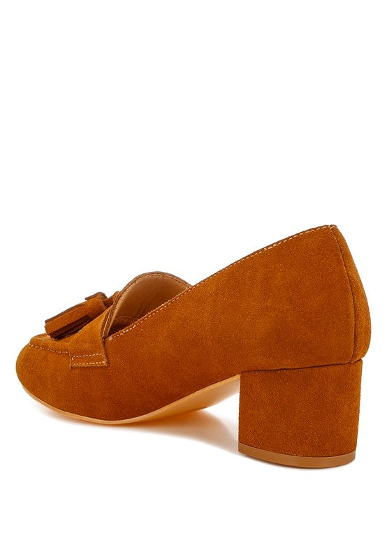 Back angle view of Tan Ziva Suede Loafer Heels highlighting stacked heel.