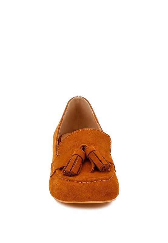 Front view of Tan Ziva Suede Loafer Heels with closed round toe and tassel detail.