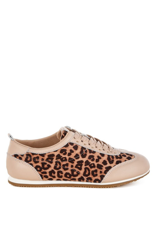 Leopard print and beige genuine leather sneakers side view with flatform sole, studs, and lace-up closure.